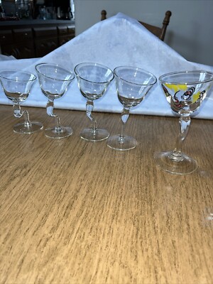 4 Libbey Zig Zag Bent Z Stem Martini Glasses & 1 Painted Face martini Glass