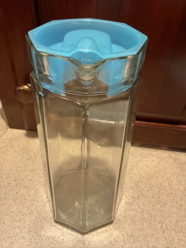 Vintage Octagonal Paneled Glass Pitcher w/BLUE Lid 1.5 Liter KIG Indonesia