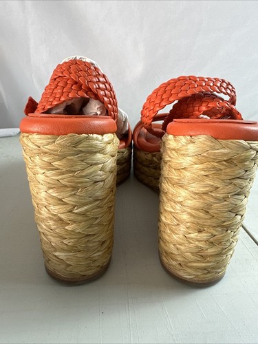 Pre-owned Paloma Barceló Paloma Barcelo Masie Braided Raffia /leather Espadrille Wedge Sandals Eu37/us6.5 In Red
