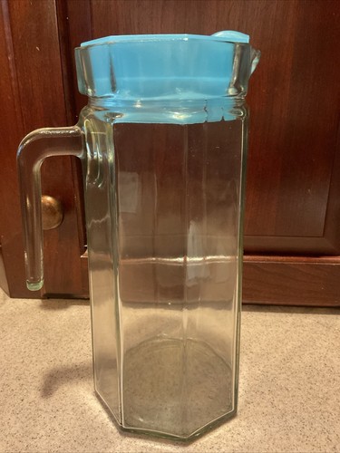 Vintage Octagonal Paneled Glass Pitcher w/BLUE Lid 1.5 Liter KIG Indonesia