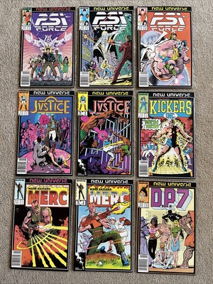 1986 Lot of 9 New Universe Marvel Comics Psi-Force, Justice, Merc, Kickers, DP7