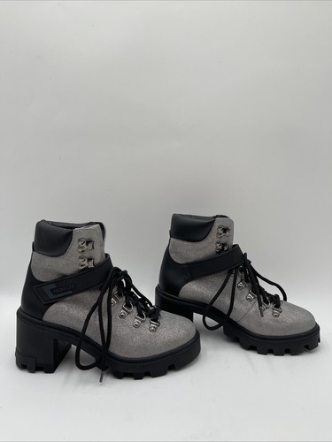MONCLER Carol Silver Leather Round Toe Lace Up Block Heel