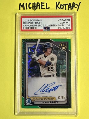 COOPER PRATT 2024 BOWMAN CHROME AUTO 53/99 PSA 10 GREEN SHIMMER BREWERS Cpacpr