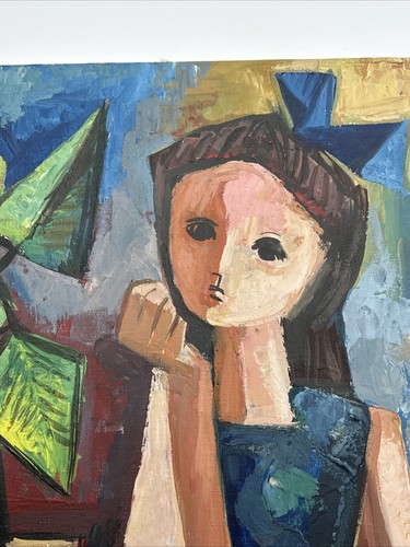 MID CENTURY PAINTING CUBISM MODERNISM PORTRAIT SIGNED REIXACH EXPRESSIONISM GIRL