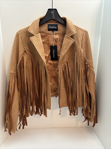 CHARTOU Chic Cropped Tassel Fringe Faux Suede Moto Jacket Women's sz Small NEW
