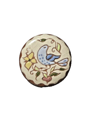 Vintage Blue Bird Floral Brooch Round Ceramic Redware Pin Signed JE 1 5/8''