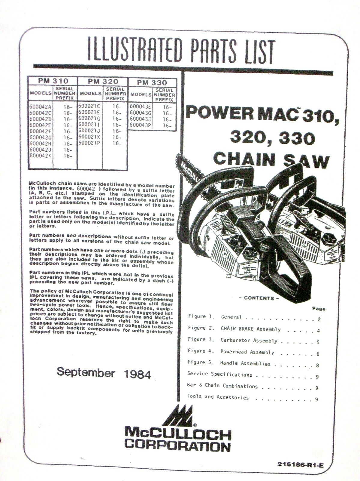 McCulloch Power Mac 310 320 330 Chainsaw Illustrated Parts List