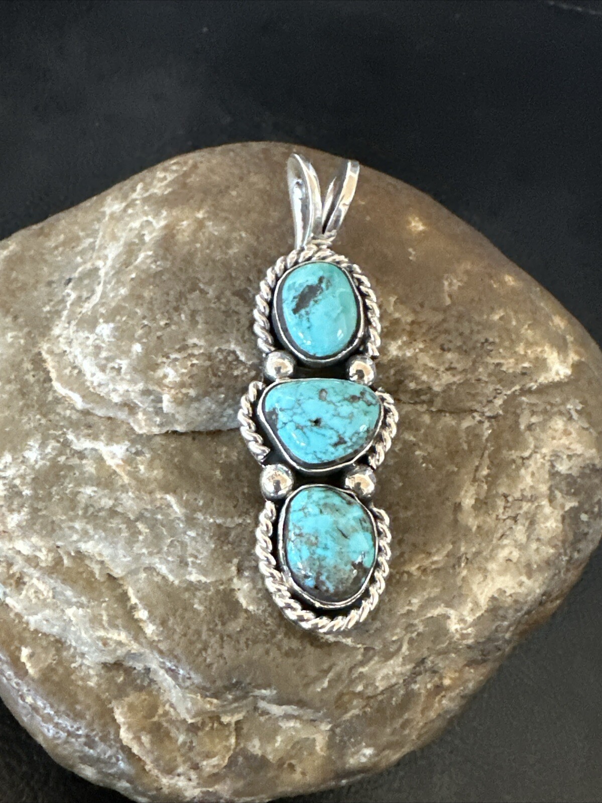 Blue Turquoise 3 Stone Navajo Sterling Silver Cluster