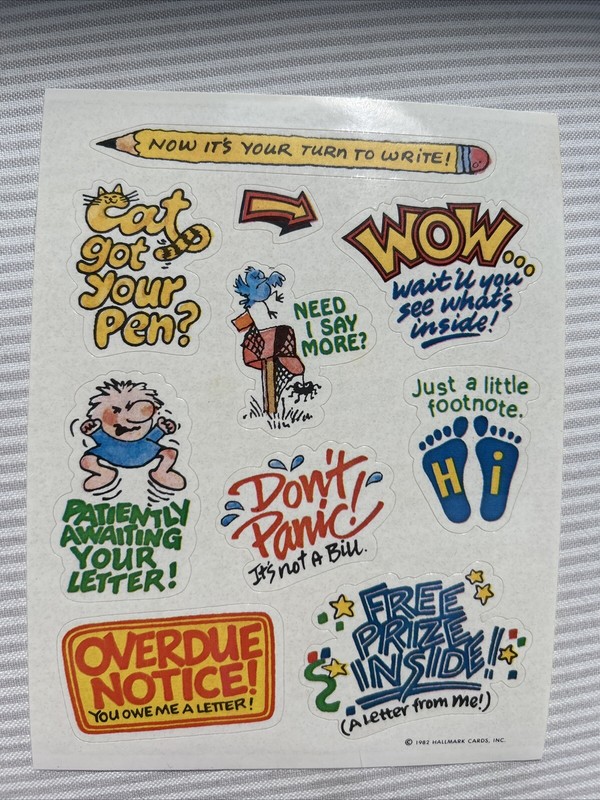 Vintage 1982 Hallmark Sticker Sheet Pen Pal Messages Funny Letter