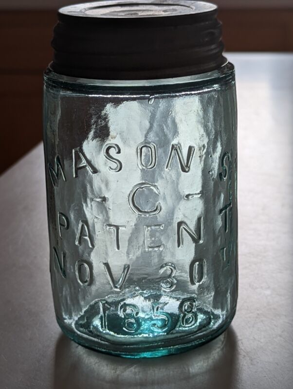 ***REVERSED 1*** RB# 1989-1 Aqua Pint -C- Patent 1858 Mason Fruit Jar