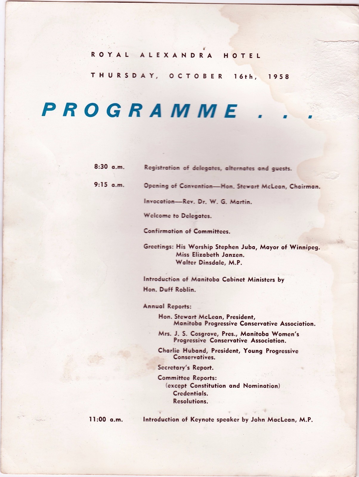 Conservative Party 1958 Annual Meeting Program Duff Roblin slc