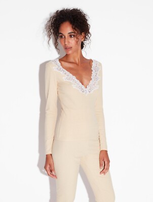 $855 New La Perla TOP + PANTS Cashmere Blend ANGEL KISS Lace Beige PJ LOUNGE S M