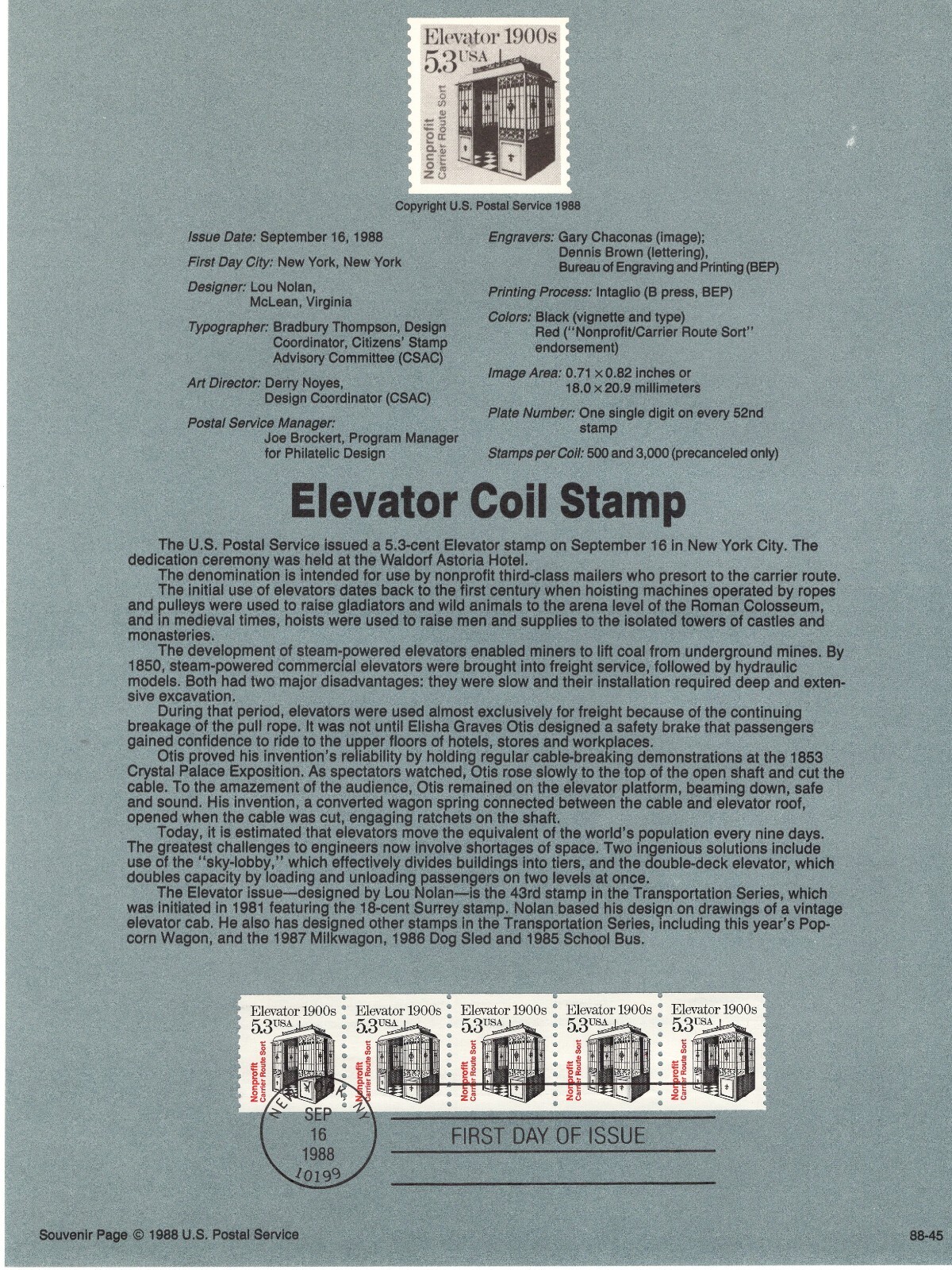 USPS Souvenir Page #2254 – 1988 5.3c Transportation Series