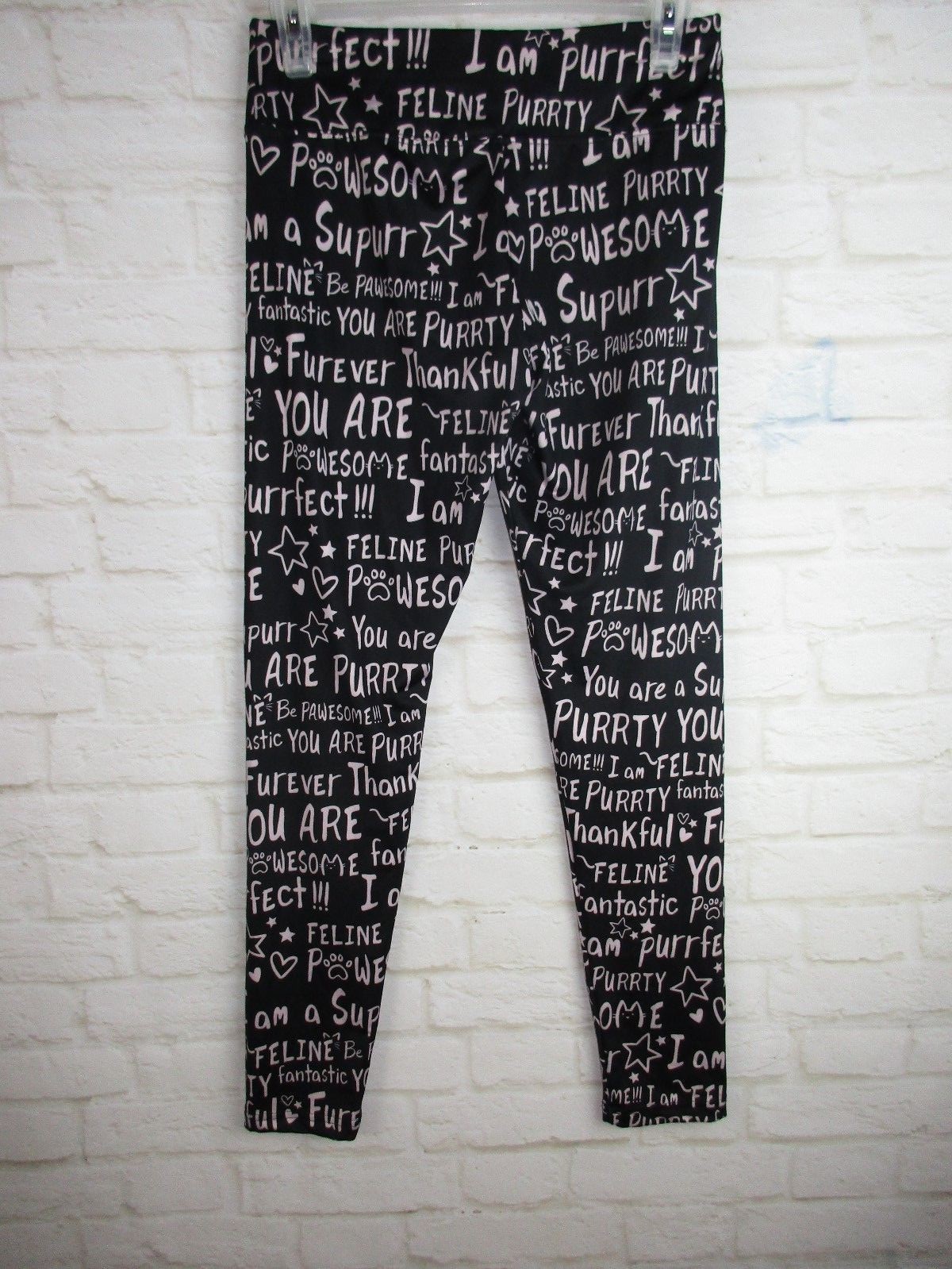 Justice Girls size 18 Cat Saying Athletic Leggings Stretch Black and Pink GV35