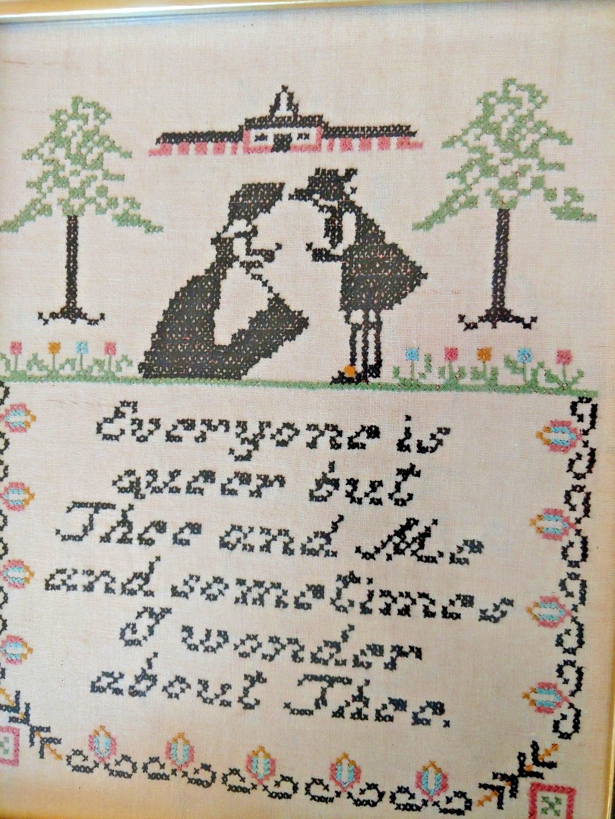 Vintage Antique Framed Sampler Cross Stitch Embroidery Needlework Queer But Thee