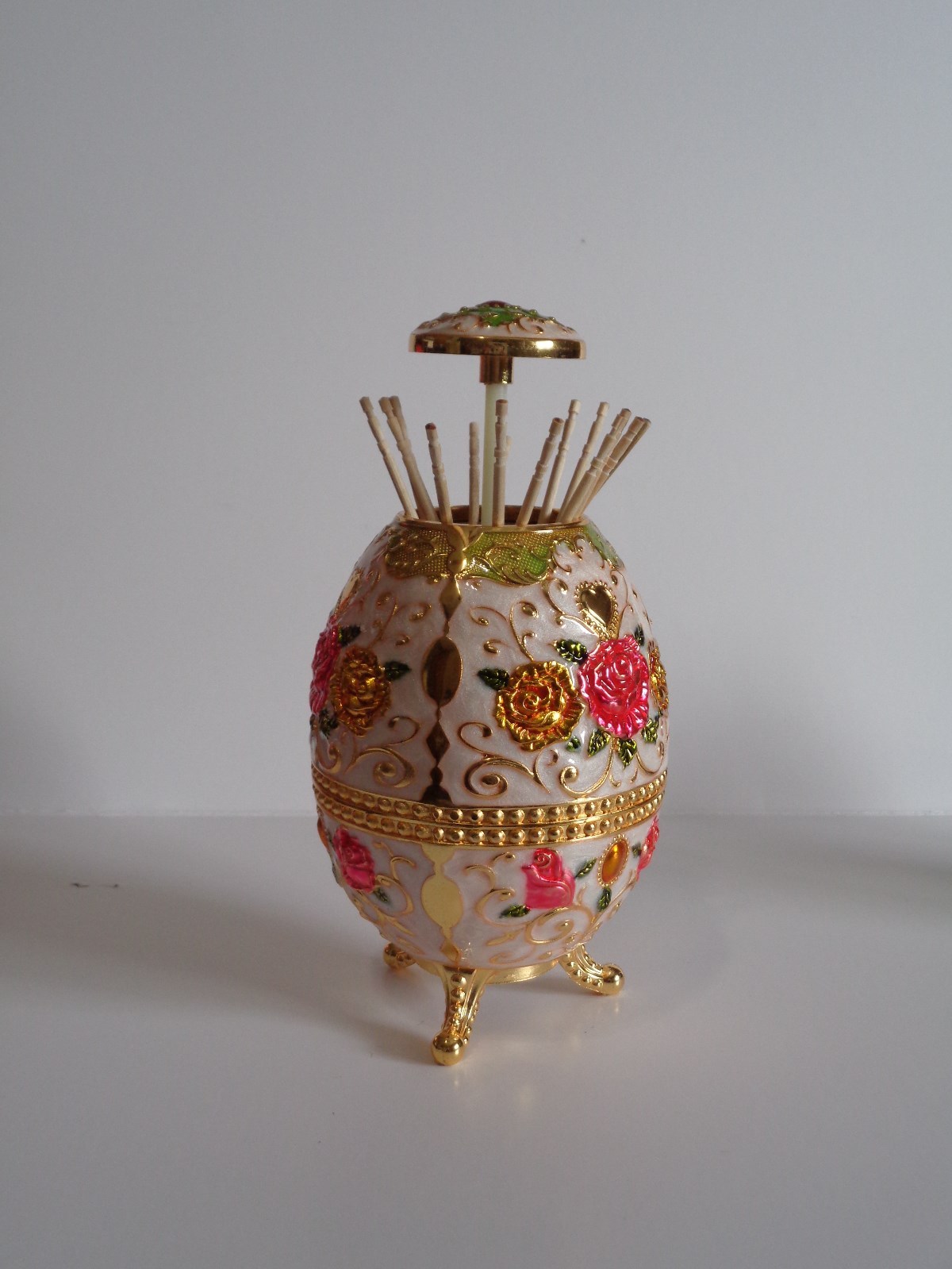 Automatic Toothpick Holder & Bottle opener-Roses on  white  with 3 legs