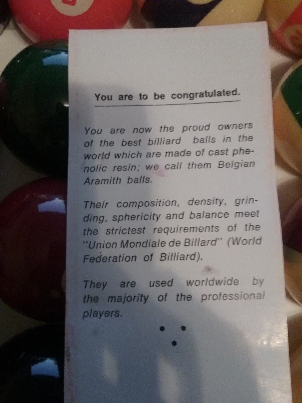 VINTAGE BELGIAN ARAMITH POOL BALLS (VGC)