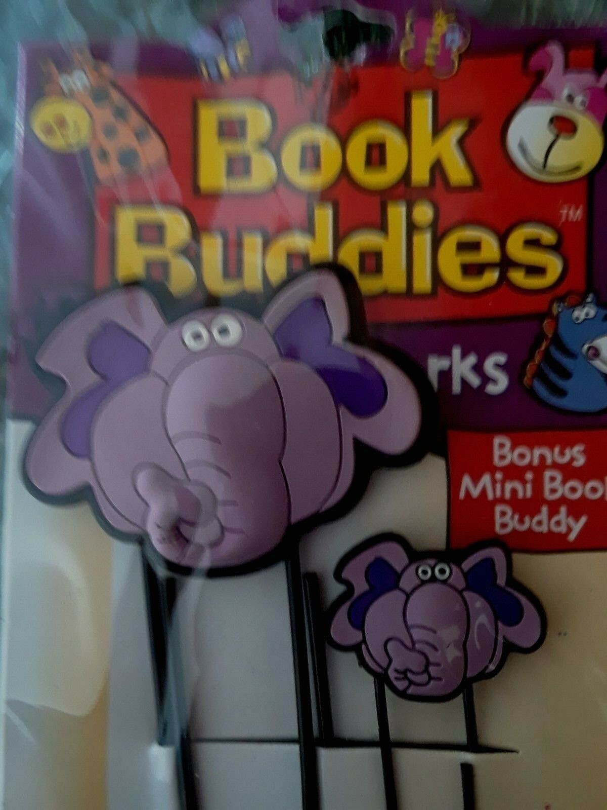 Purple Elephant Book Buddies Book Mark Clips NIP Set of 2 Make Reading Fun!