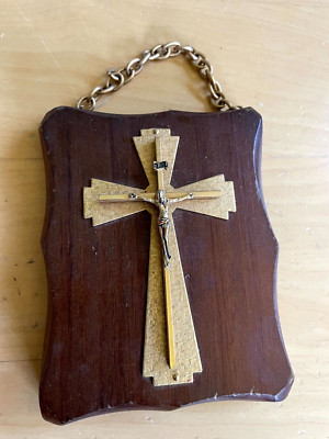 Vintage 70s Italian Crucifix Cross Wood Metal Hanging 3.7 x 1 x 0.6'' Italy