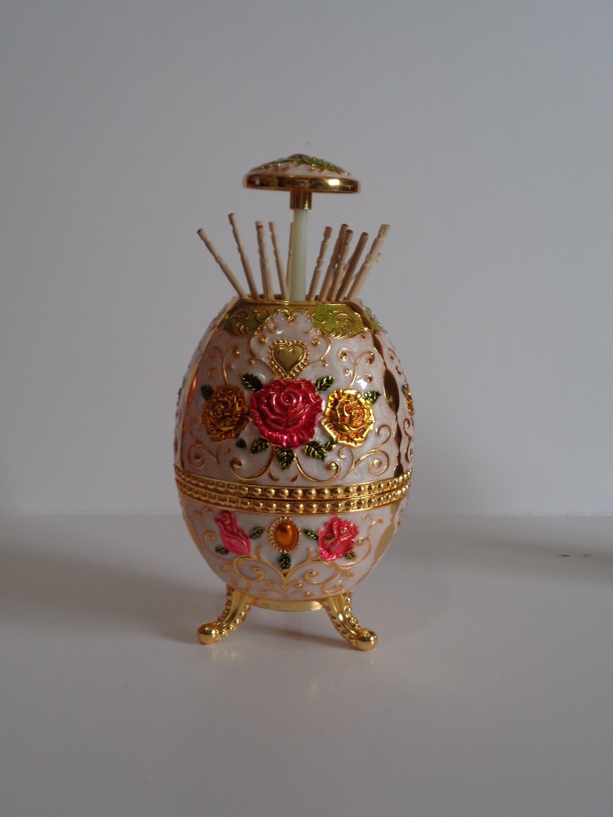 Automatic Toothpick Holder & Bottle opener-Roses on  white  with 3 legs