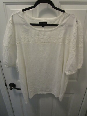 LANE BRYANT IVORY/WHITE SHORT PUFF-SLEEVE TEE WITH LACE NEW