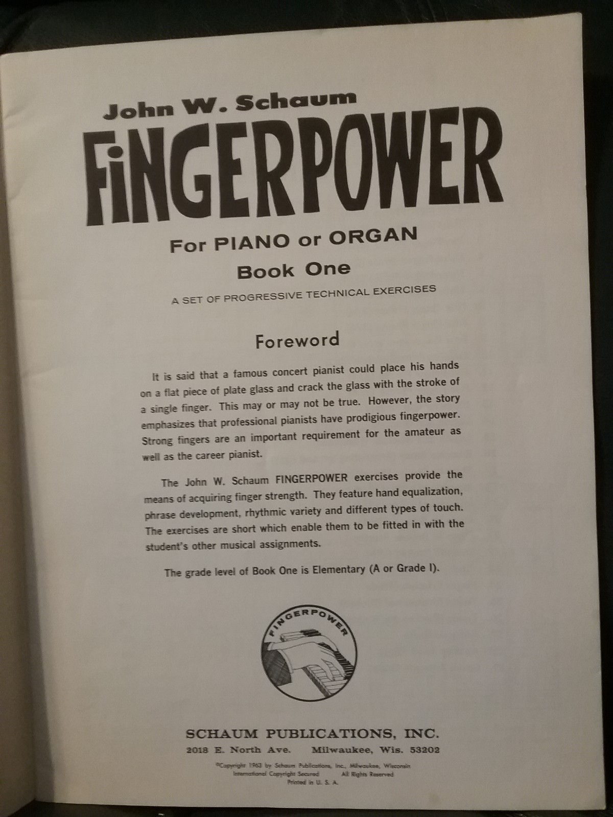 John W. Schaum Fingerpower For Piano Or Organ Book One 1963