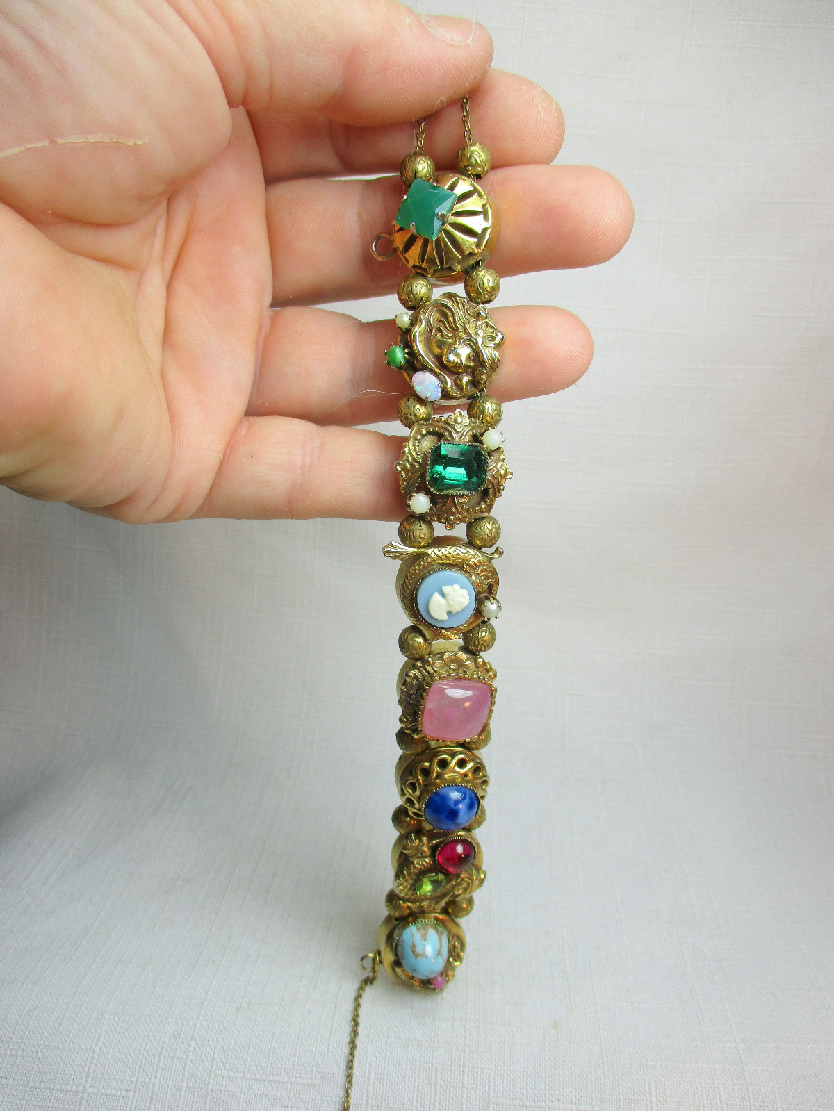 Antique VICTORIAN Authentic SLIDE CHARM Bracelet with Real & Faux Stones 12K GF