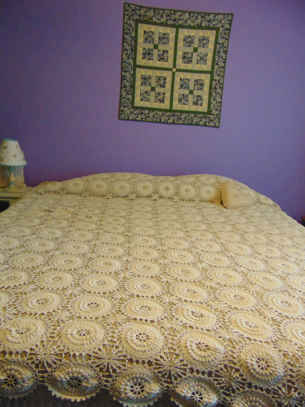 Vtg Handmade Floral Crochet Lace Bedspread Cotton Afghan Coverlet~queen/king