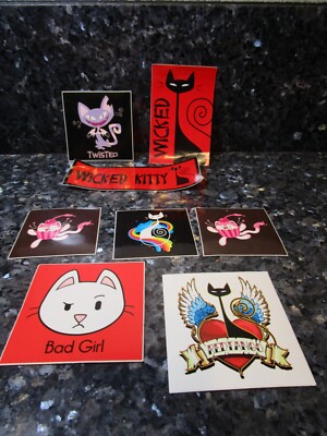 Lot of 8 Assorted Cat wicked kitty Twisted bad girl red tango rainbow Stickers