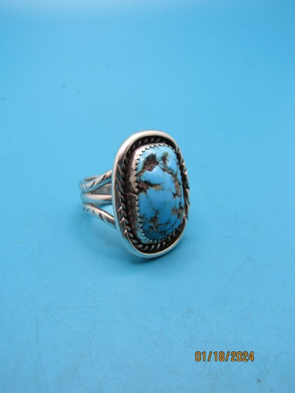 Lg Vtg Old Pawn Navajo ( JTR )Sterling & Turquoise Ring Sz 9 1/4