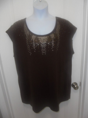 Just My Size Womens Solid Brown Dolman Sleeves Scoop Neck Rhinestones Top 3X