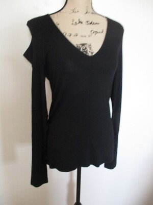 DONNA KARAN Black Cold Shoulder L/S Viscose Wool  Top M