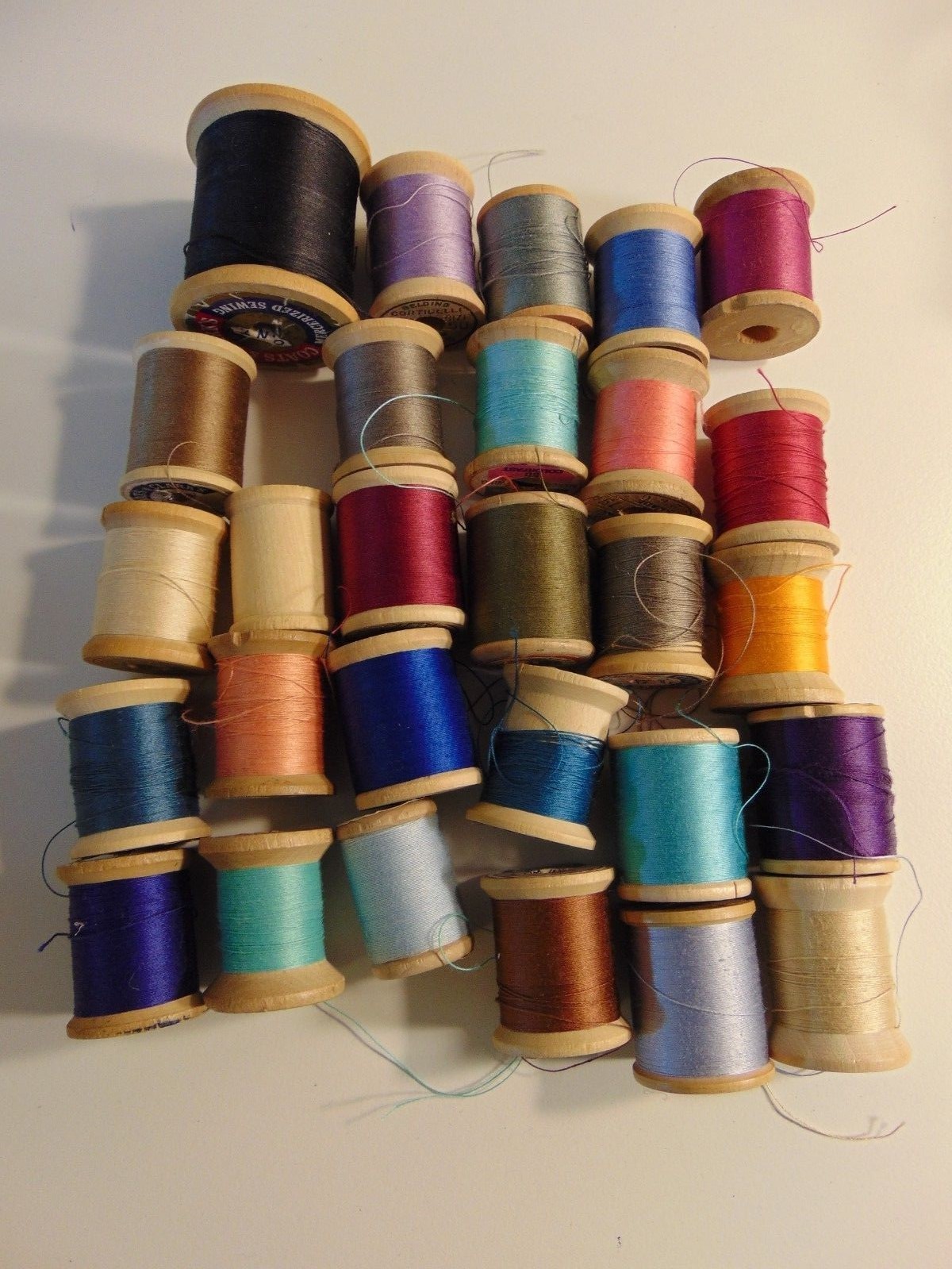 Lot of 60 Vintage Spools Sewing Thread, 28 are Wooden, Needles, Coats & Clarks