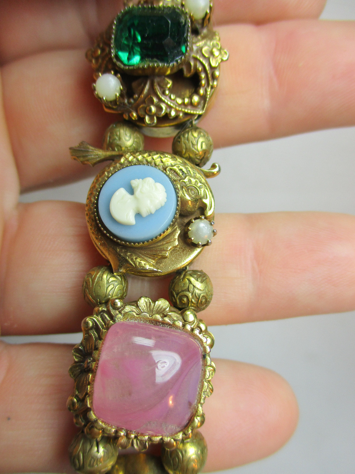 Antique VICTORIAN Authentic SLIDE CHARM Bracelet with Real & Faux Stones 12K GF