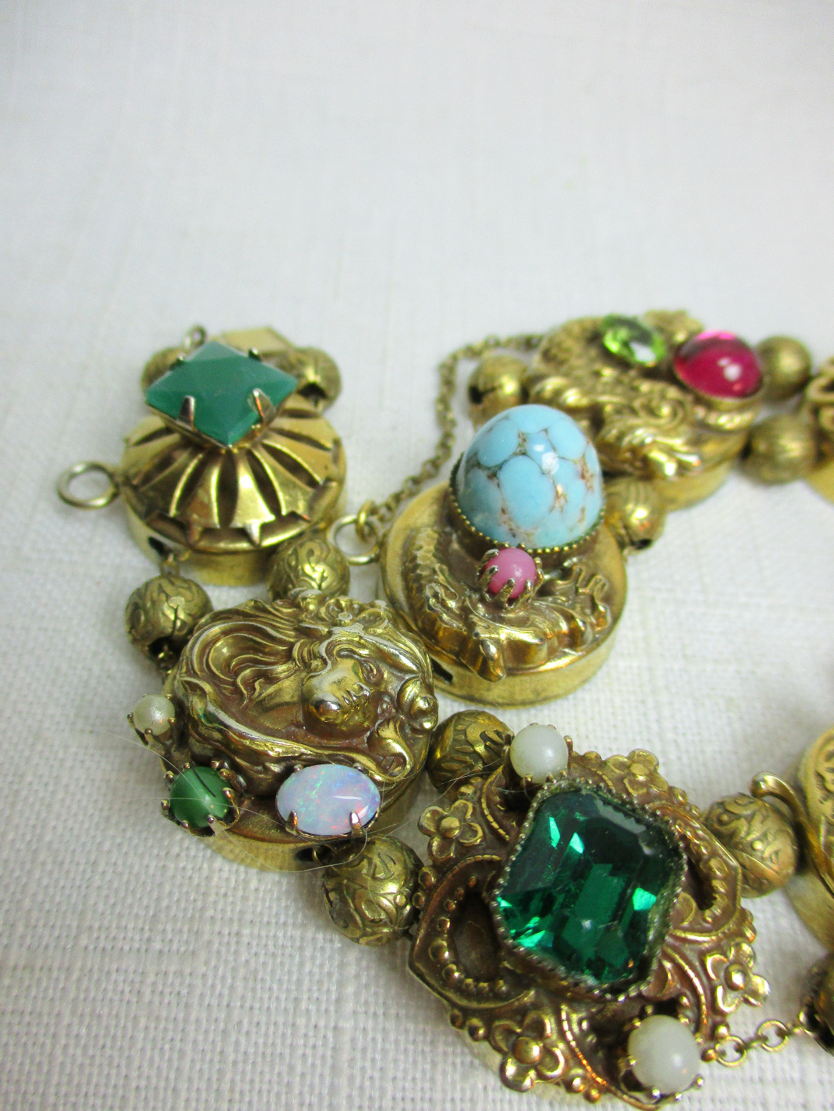 Antique VICTORIAN Authentic SLIDE CHARM Bracelet with Real & Faux Stones 12K GF