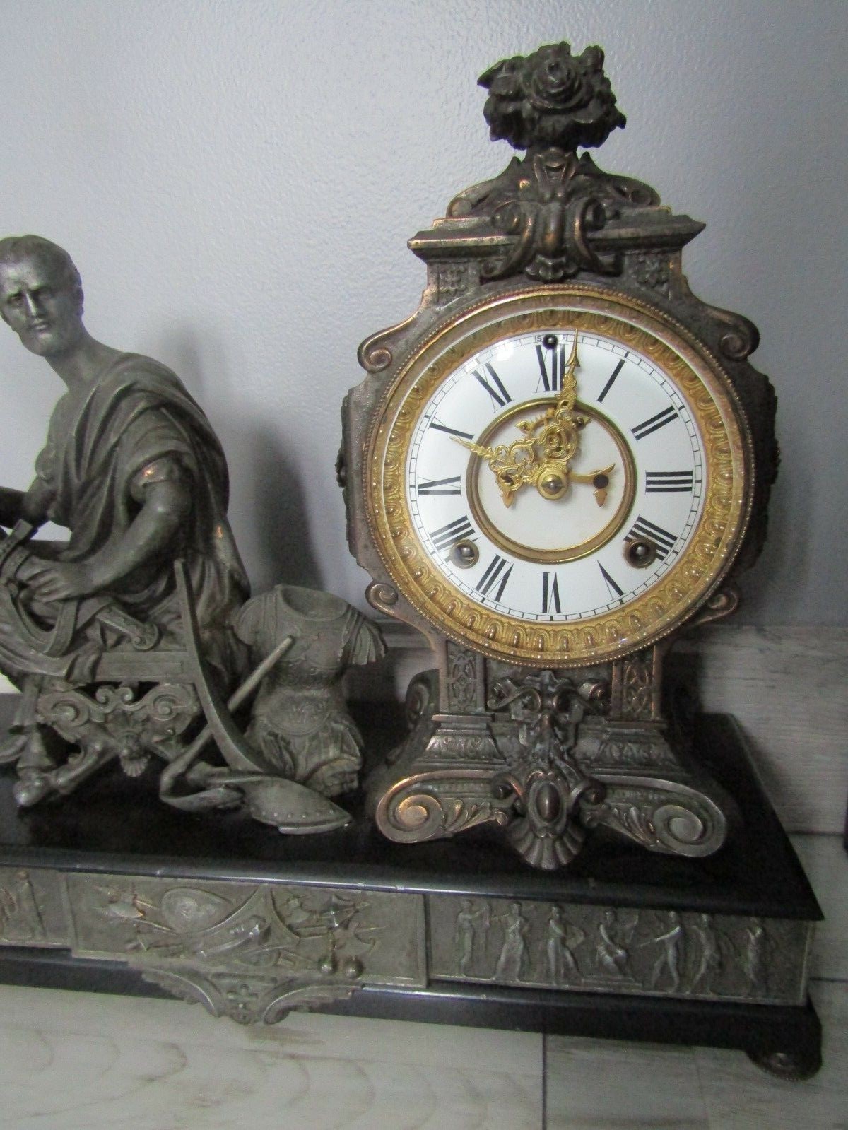 Antique 1800's Ansonia Cincinnatus Figural Ornate Cast Metal Mantel Clock