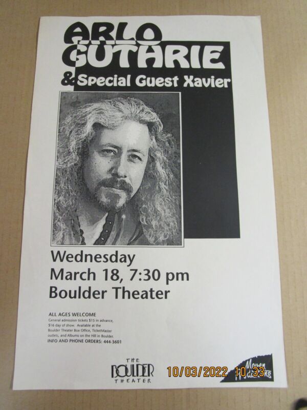 ARLO GUTHRIE/XAVIER Flyer/Poster New! Unused! Boulder Theater Mar. 18, 1992 Folk