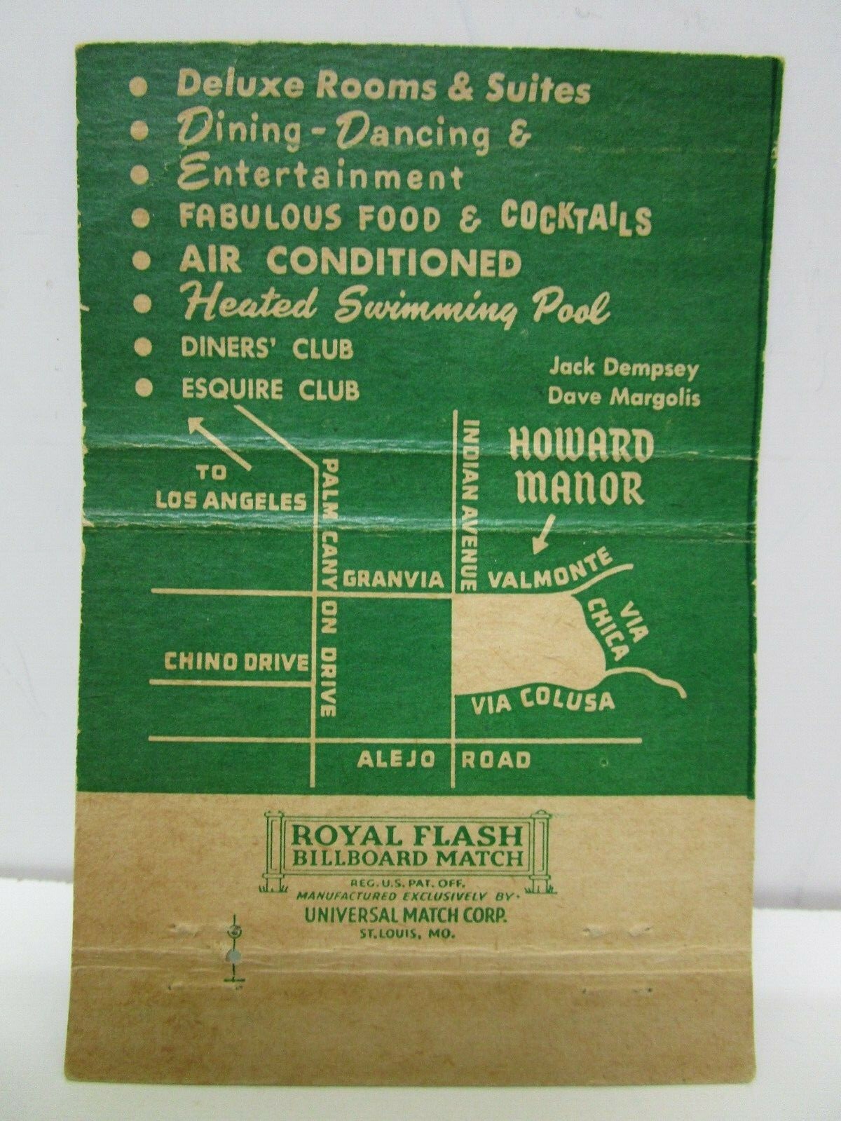 Jack Dempsey's Howard Manor, Palm Springs Matchbook Cover - Boxing / Boxer