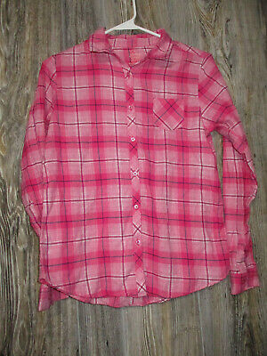 Faded Glory Girls pink plaid flannel long sleeve button down top size XL 14-16