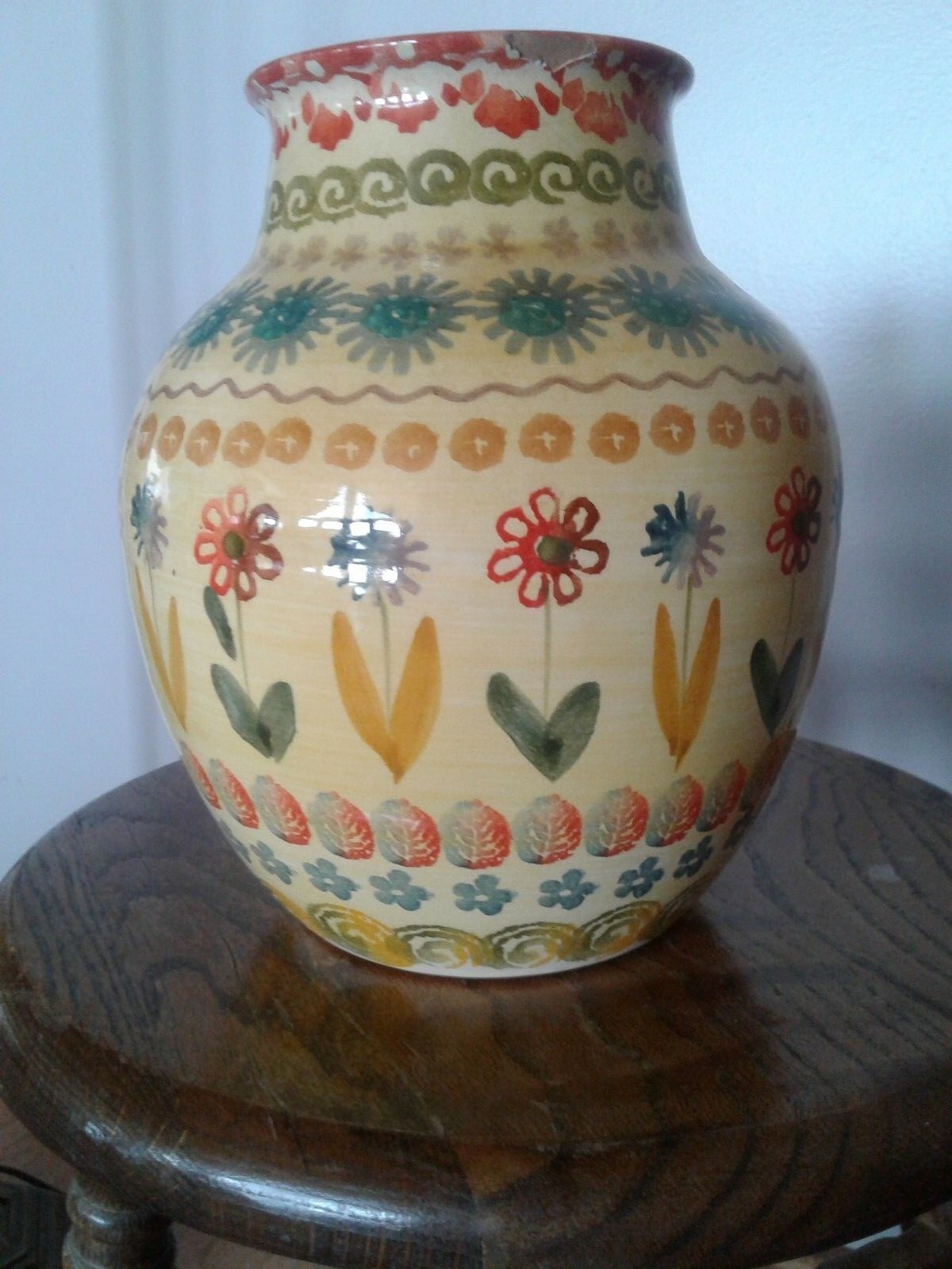 Yellow vase with retro floral design, Hand Painted MADE IN ITALY