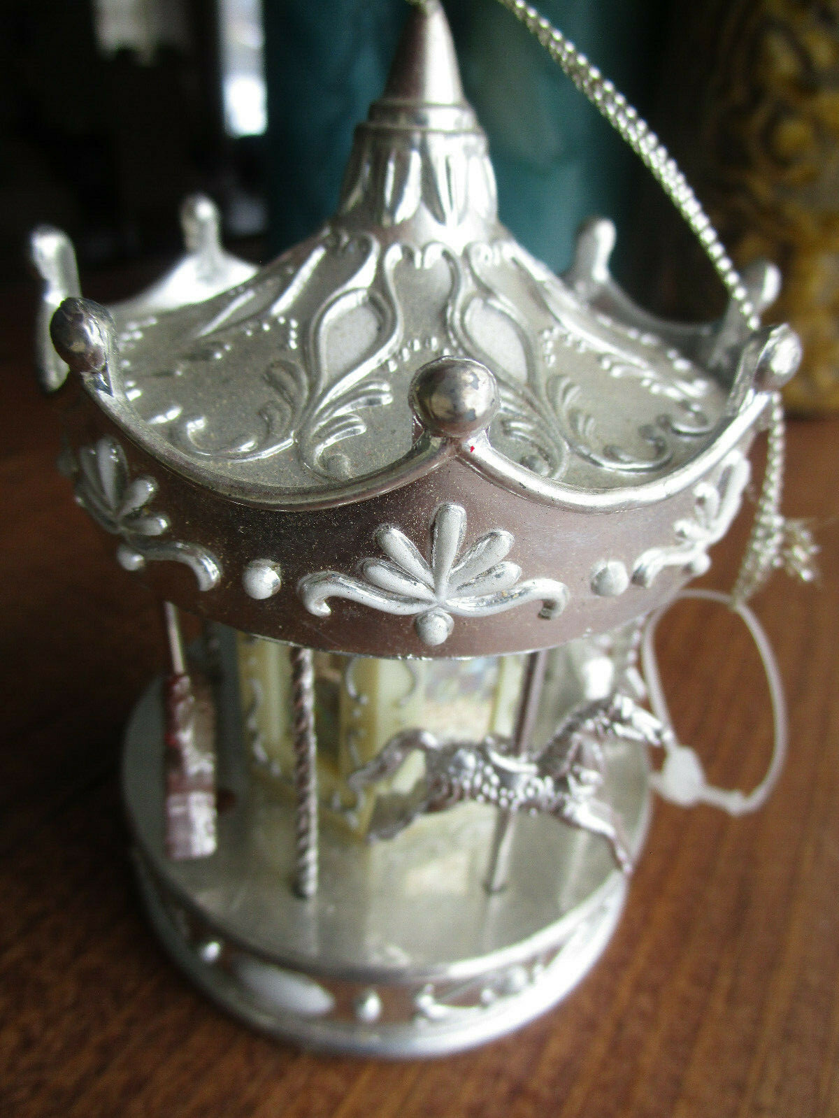 Vtg SILVER Carousel Christmas Tree Ornament 4 Plastic Horse Merry Go Round 4.5