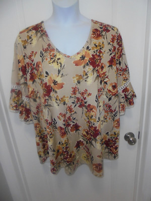 Stem & Vine Womens NWOT Multi Color Floral 3/4 Lace Sleeves V-Neck Top SIze 3X