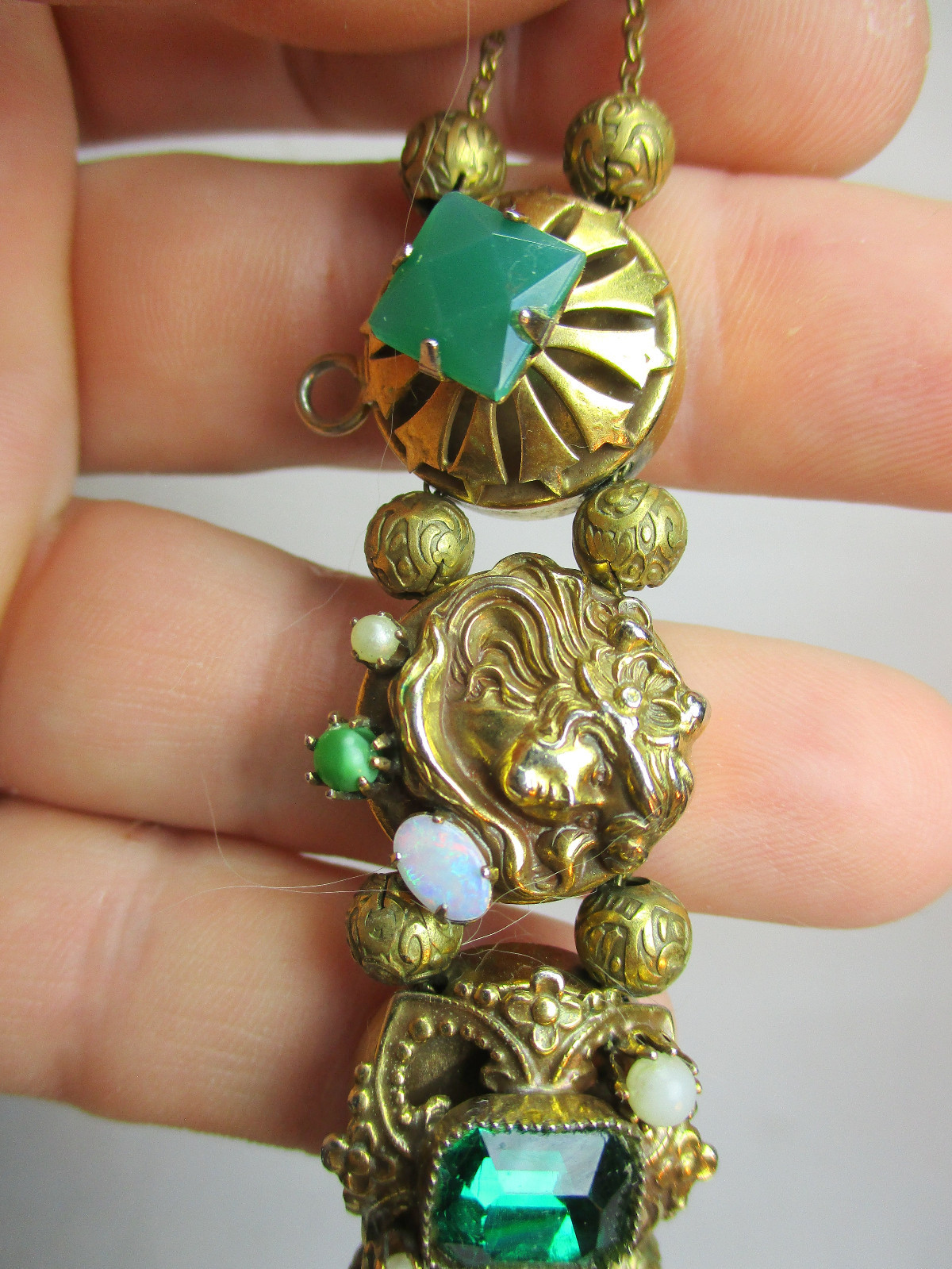 Antique VICTORIAN Authentic SLIDE CHARM Bracelet with Real & Faux Stones 12K GF