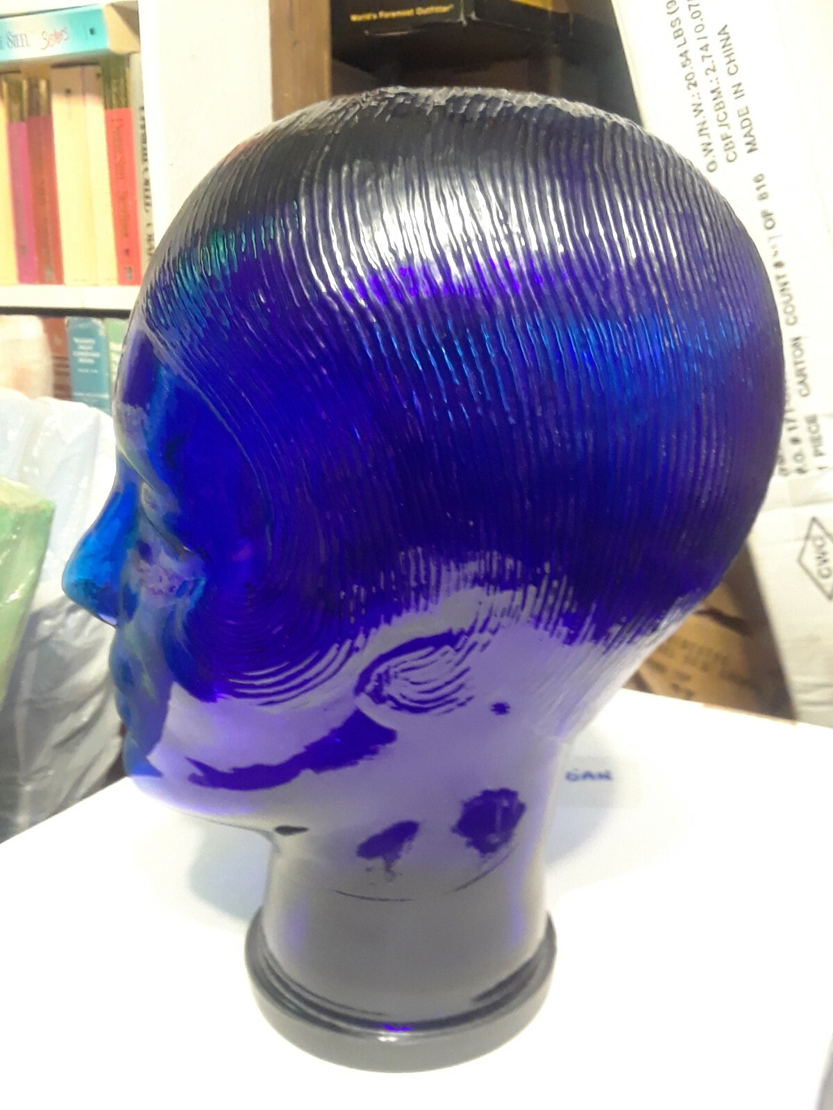 COBALT BLUE GLASS MANNEQUIN MAN Head with Plastic Lid for Base