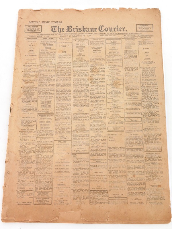 .RARE 1925 “THE BRISBANE COURIER” SPECIAL SHOW (EKKA) EDITION NEWSPAPER.