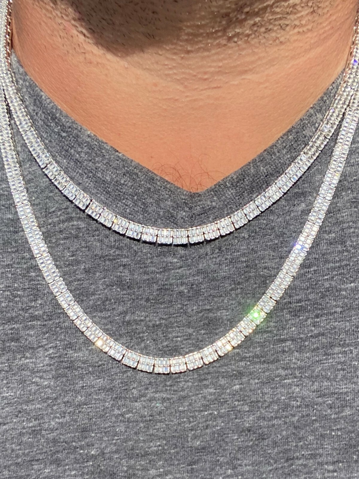 Pre-owned Silver Solid 925 Sterling  Baguette Tennis Chain Iced Cz Necklace 5mm Hip Hop