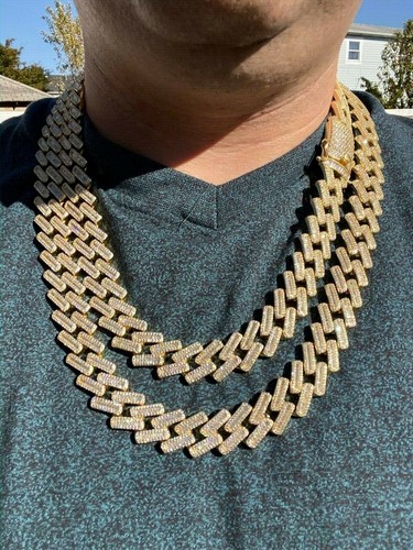 Pre-owned Silver 18mm Baguette Prong Cuban Chain 14k Gold Plated Solid 925  Heavy Hiphop Cz