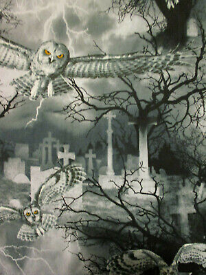 OWLS HEDWIG GRAVE YARD HEAD STONE SPOOKY OWL BLK WHTE GRAY COTTON FABRIC BTHY