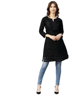 Embroidered Dress Women Cotton Black Kurti Readymade Lucknowi Kurti Indian Top