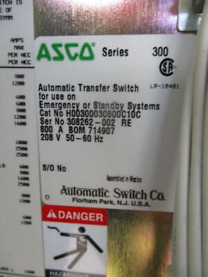 ASCO SERIES 300, 800 AMP 208 VOLT 3Ø AUTOMATIC TRANSFER SWITCH- ATS166